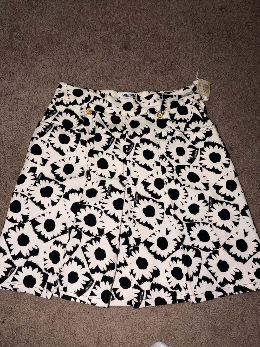 Vintage Moschino Jeans Pleated Daisy Floral Print Mini Skirt with Peace Sign Det